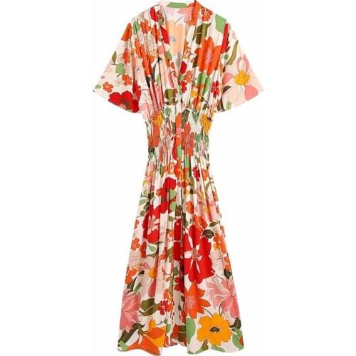 YENKYE Summer Women Multicolor Flower Print Boho Long Dress Female Sexy V Neck Elastic Waist Loose Casual Dress Maxi Vestido