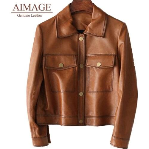 Retro women skin leather coats slim кожаная куртка double pockets genuine leather lady chic turn collar moto streetwear PY026