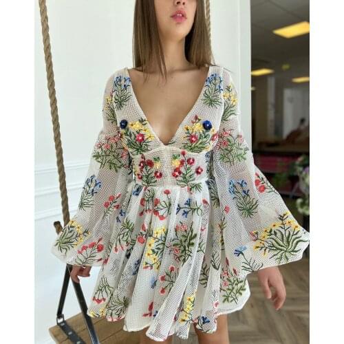 Womens New Dress 2021 Fashion Mesh Embroidery Sexy Cute Lantern Sleeve Summer Dress Women