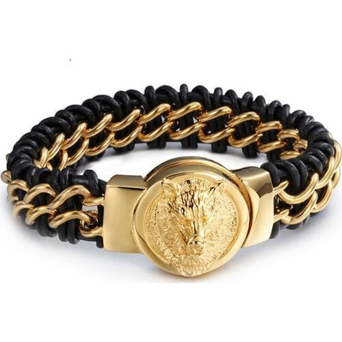 Gold Genuine Leather Stainless Steel Bracelets For Women Bracelets & Bangles Trendy Men Jewelry Fashion Charm Leather Bracelet