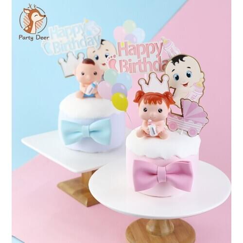 1st 100 days bottle Baby Girl Boy Blue Pink Stroller Crown Bow Cake Topper for Party Cake Decorating Dessert Cute love Gifts