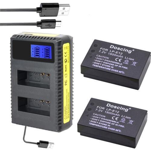 2Pcs 1800mAh LP-E12 LP E12 Replacemenet Battery AKKU + LCD USB Charger for Canon M 100D Kiss X7 Rebel SL1 EOS M10 EOS M50 DSLR
