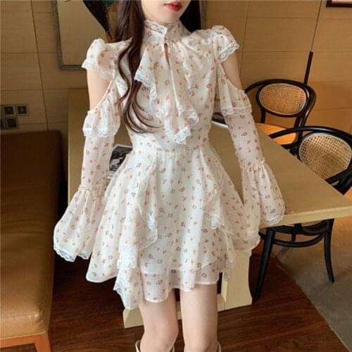 2021 Spring Floral Dress Women Flare Sleeve Lace Chiffon Slim Flower Mini Dress Female Party Elegant One Piece Dress Korean Chic