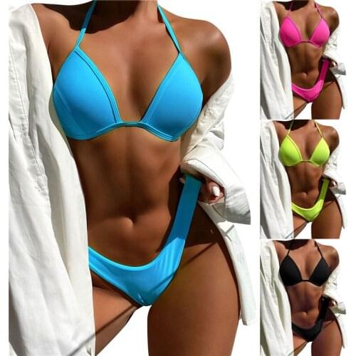 2021 Womens Solid Color Lace Up Bikini Suit Sleeveless Halter Tops+ Briefs Swimsuit Bare Midriff Bathing Suit Split Beach Wear