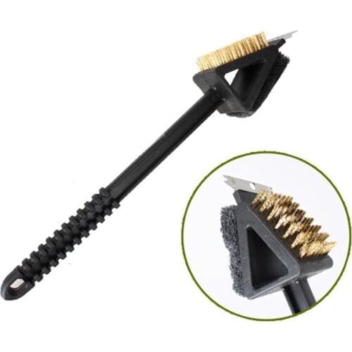 3 In 1 Corner Copper Wire Brush Barbecue Grill Oven Handle Copper Shovel BBQ Sponge Wire Brush Long Cleaning Q9T7