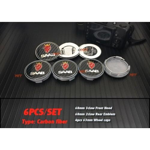 6PCS Car Accessorie 63mm Wheel Center Cap Rim Hub Cap front/trunk 68MM For saab 9-3 9-5 93 95 BJ S carbon black Emblem Styling