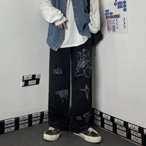 INS Harajuku Japanese Fried Street Dark Sub-Wind Anime Cartoon Bear Graffiti Ladies Straight Pants Star Pattern Mens Trousers