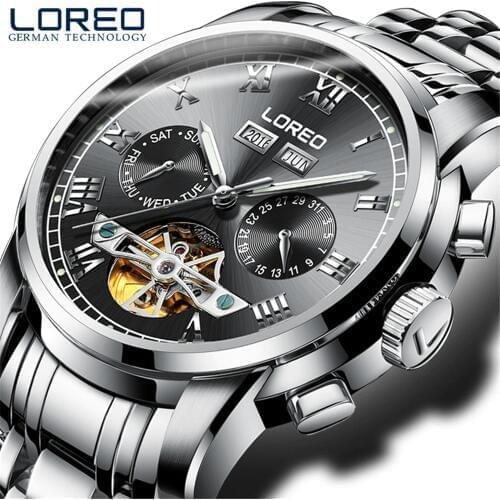 LOREO Brand Swim Mens Tourbillon Mechanical Watches Perpetual Calendar Waterproof Sport Watch Men Watch Clock saat reloj hombre