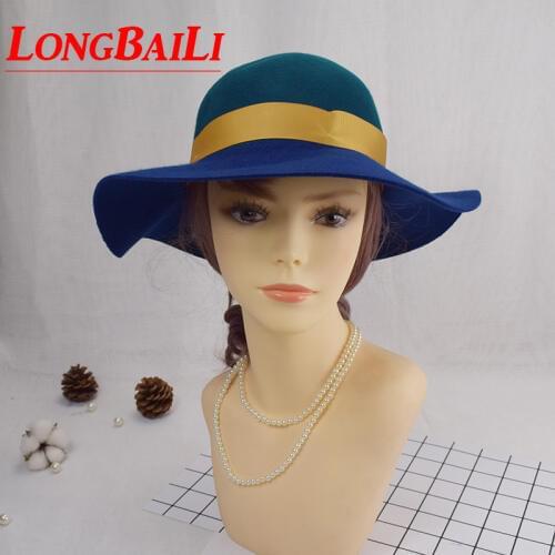 Fashion Patchwork Wool Felt Floppy Hats Women Wide Brim Sun Caps Chapeu Free Shipping PWFR089