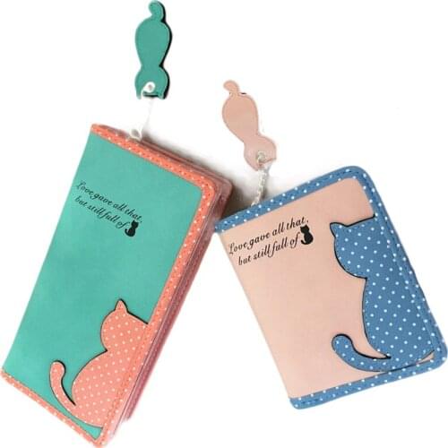 10PCS / LOT Fashion Long Wallet Women Lovely Female Purse PU Leather Cat Zipper Wallet Card Holder Bags