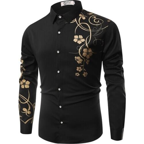 Fashion Gold Flower Print Black Shirt Men 2020 Spring New Slim Fit Long Sleeve Mens Dress Shirts Party Casual Male Social Shirt