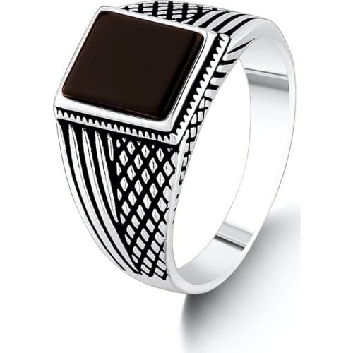 Men Rectangle Black Onyx Gemstone Ring Turkish Men Ring Gifts For Husband Solid 925 Sterling Silver