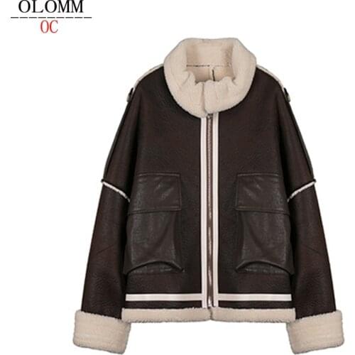 OLOMM D9113 fashion Street style PU leather jacket Keep warm womens clothing Ladies motorcycle leather Coat
