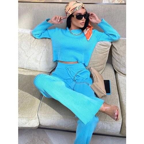 Autumn Knitted Sweat Suits Women Matching Sets Long Sleeve Pullover +wide-legged Pants Loungewear Sweater Set Two Piece Outfits