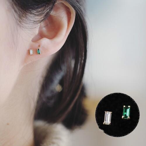 14K Solid Gold Stud Earring Green Emerald Jewelry Crystal Simple Minimal Style Rectangle Minimalist Wedding Bridesmaid Bride Gif