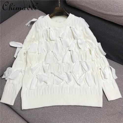 French High-End Rhinestone Bow Sweater Women 2021 Autumn Winter Thickening Mid-Length Pullover Fashion Long-sleeve Sweet Jumpers