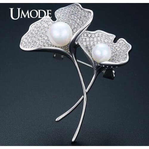 UMODE New Fashion Jewelry Ginkgo Biloba Leaves Vintage Brooches for Women Christmas Gifts Pearl Flower Broches Femininos UX0018