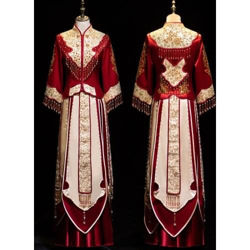 Vintage Embroidery Beading Tassle Chinese Traditional Couple Wedding Suit Cheongsam Elegant Bride Qipao Dress китайская одежда