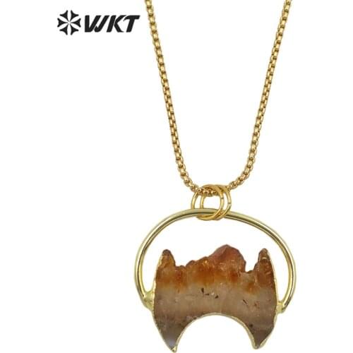 WT-N1267 WKT Amazing design gold plated natural yellow citrines quartz crescent horn stone necklace precious birthday stone