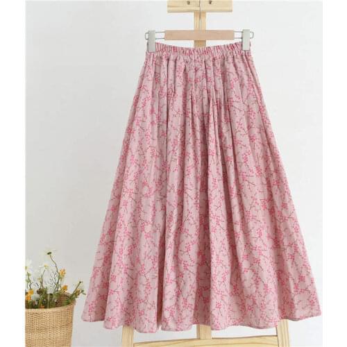 Spring Summer Cotton And Linen Pink Floral Skirt Women Plus Size Vintage Sweet High Waist Pleated Maxi Long Skirts Womens C7315