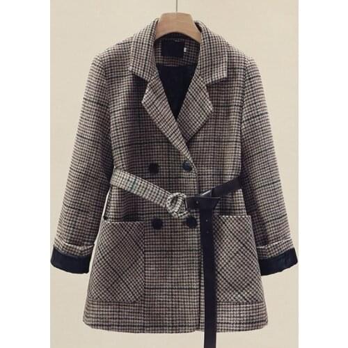 SURUFENG Plaid Women Offic Blazer Jacket Casual Double-Breasted Sashes Suit 2021 Autumn Female Blazer Outwear Plus Size 3XL
