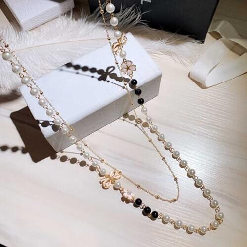 Women Long Pearl Camellia Necklace sweater chain collane lunghe donna Bow Flower layered Party Necklace