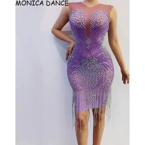 Women Purple Sparkly Silver Rhinestones Fringe Transparent Dress Womens Birthday Mesh Sleeveless Bar Women Dancer Tassel Dress