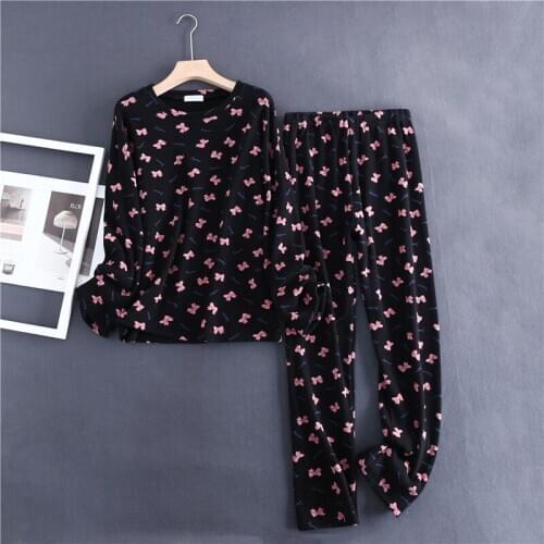 Winter Thickened Cotton Waffle Pajamas Long Sleeve Lapel Plus Size Sleepwear Black Butterfly Print Pyjamas 2 Piece Lounge Wear