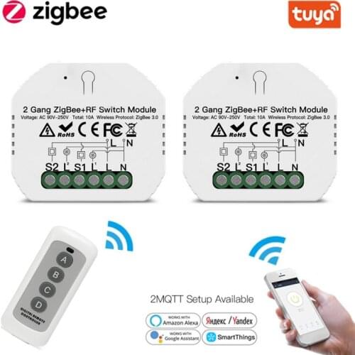 2 Gang Tuya Smart Life ZigBee 3.0 RF Switch Relay Breaker Module Automation Smart Lighting w/Remote for Google Alexa Smart Home