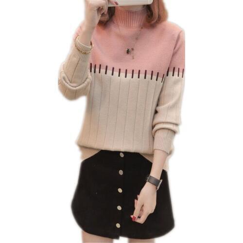2019New Fashion Patchwork Color Women Sweater Pullovers Female Autumn Winter Women Short Knitted Turtleneck Loose Sweater Q777