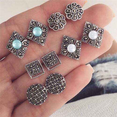 5 Pairs/set 2021 Vintage Crystal Stud Earrings for Women Stone Beads Ear Cuff Piercing Ears Clips Jewelry Ear Studs Brincos