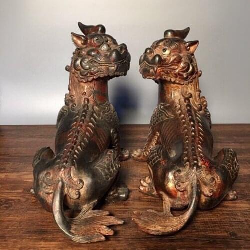 9"Tibet Buddhism Temple Old Bronze Cinnabars Di listen statue A pair unicorn Jizo Bodhisattva car Ward off evil spirits