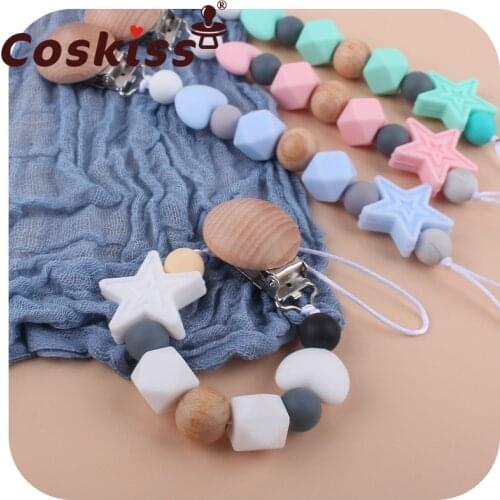 Coskiss 3pcs Baby Five-pointed Star Pacifier Chain Wooden Clip Food Grade Chew Silicone Beads Infant Pacifier Chain Clip