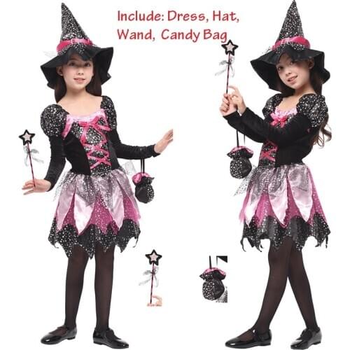 Kids Girls Halloween Witch Costume Sparkly Silver Stars Printed Carnival Cosplay Dress with Pointed Hat Wand Dress Up Clothes