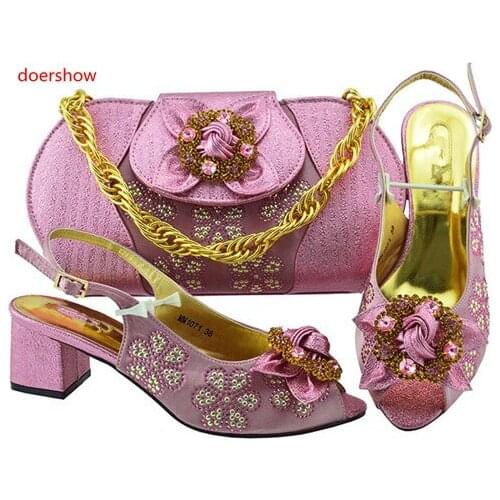 Doershow Italian Shoes with Matching Bags for Wedding Italy Nigerian Shoes and Matching Bags New pink Shoes and bag set!Sbf1-35