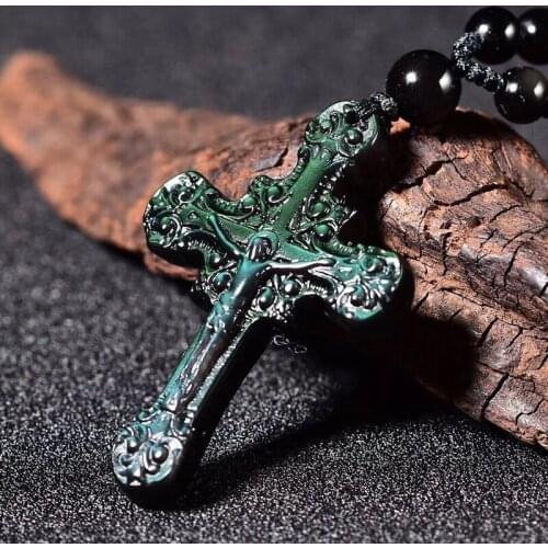Natural Color Obsidian Jesus Cross Pendant Necklace Beads Chinese Fashion Charm Jewelry Hand-Carved Amulet Men Women Lucky Gifts