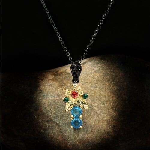 Exquisite Golden Flower Blue Zircon Black Gold Pendant Clavicle Chain 925 Silver Luxury Ladies Jewelry All-match Sweater Chain