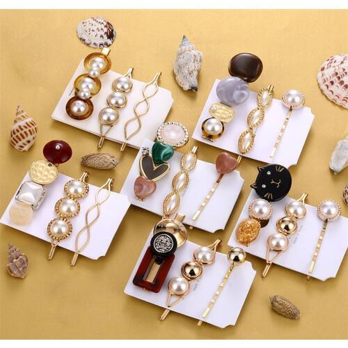 Korean Cute Pearl Button Metal Hair Clip Set For Women Girl Geometric Statement Barrette Hairpin Hair Accesorries Jewelry
