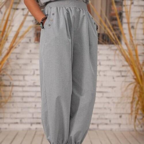 Linen Mid Waist Women Vintage Loose Pants Gray Ankle Length Ladies Bloomers Plus Size 2021 Summer Autumn Streetwear Sporty Pant