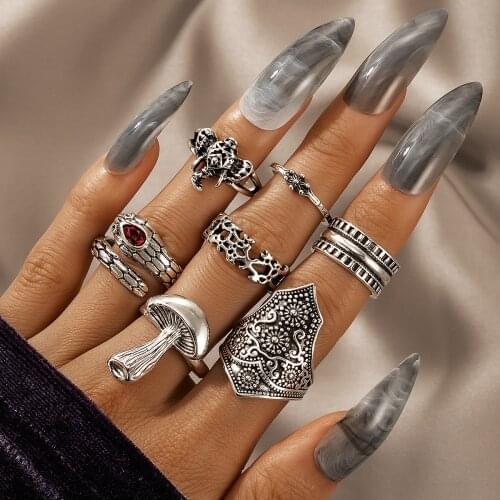 KMVEXO Bohemian Silver Color Mushroom Snake Ring Set For Women Fashion Boho Elephant Snake Rings Party 2021 Trend Jewelry Gift