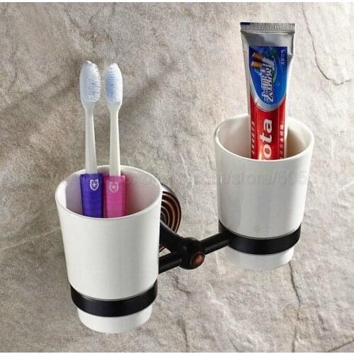 Oil Rubbed Bronze Wall Mounted Double Toothbrush Holders With 2 Creamic Cups Tooth Cup Holders For Bathroom Accessories zba143