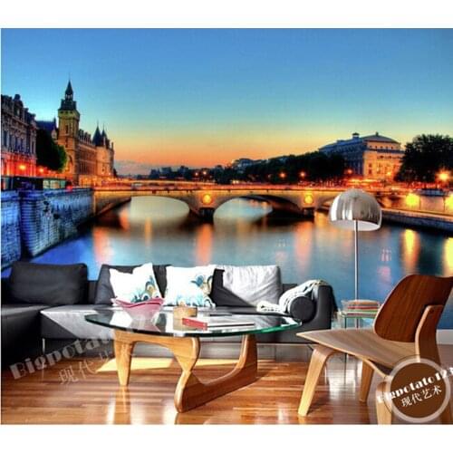 The latest 3D mural,3d beautiful city scenery brilliantly illuminated night Bridge ,living room TV wall bedroom wall paper