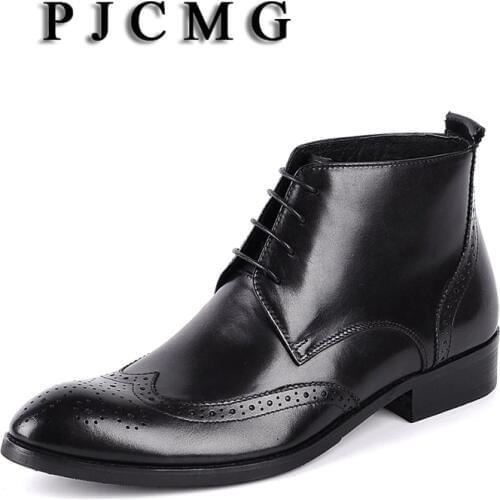 PJCMG New Cowhide Boots Genuine Soft Leather Black/Red Pointed Toe Breathable Bullock Patterns Oxford Dress Shoes For Men Boots