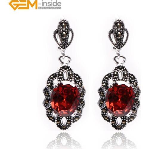 Gem-inside 16x22mm Oval Semi-precious Stone Dangle Earrings Tibetan Silver Hooks Earrings For Women Trinket Gift Jewellery