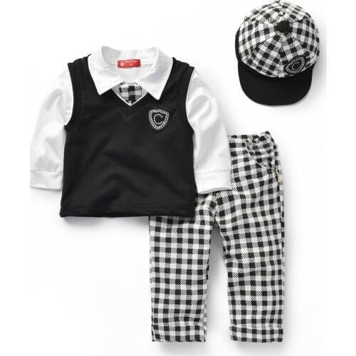 Boy School Uniform kids clothes for boys 6 to 8 years Boys Formal Long Sleeve Plaid Tie Suits Children Clothing Set 5 Pcs Suit