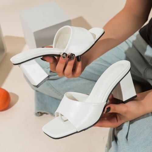 Women Slippers Summer 2021 New Outdoor Shoes High Heel Non Slip Flip Flop Elegant Women Fashion Square Head Slides White Blue 42