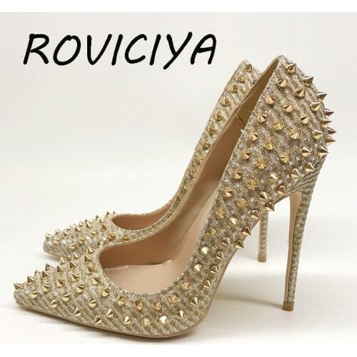Gold sequins with rivets 12cm high heels shallow pointed toe sexy single shoes party nightclub womens shoes MD028 ROVICIYA