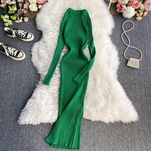 YornMona Good Quality Thick Bling Bling Knitted Women Dress Elegant Korean Fashion Long Sweater Dress Female Sexy Bodycon Dress