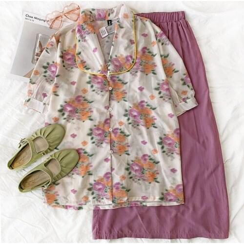 Pink floral retro-breasted loose short-sleeved shirt women