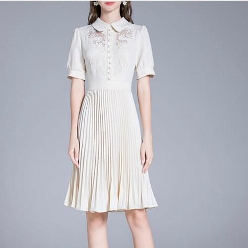 Women Sexy Hollow Out Lace Splice Dress Summer Elegant Peter Pan Collar Sweet Pleated Party Dresses Vestidos